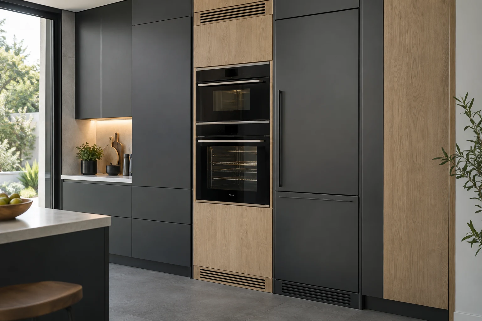 Dark kitchen cabinetry housing built-in ovens